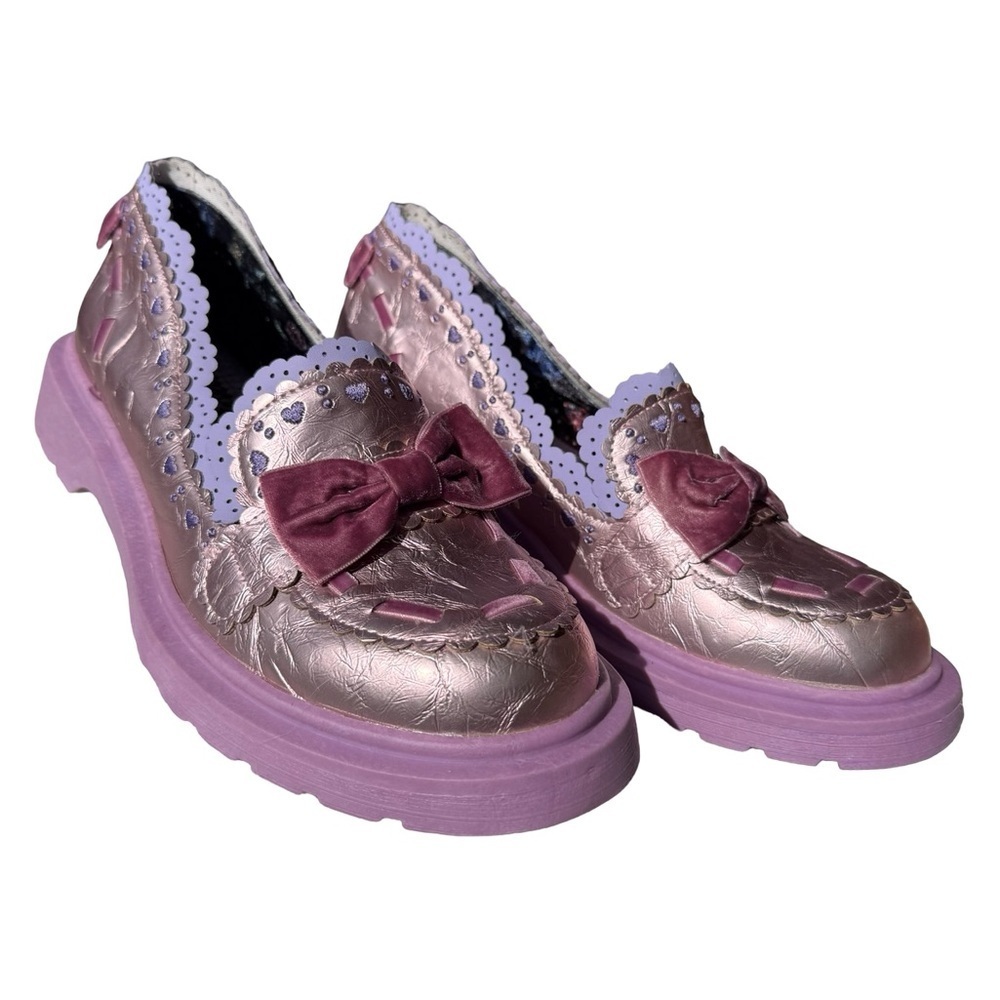 Irregular Choice Pink Metallic Bow Loafers Lavender Scallop Trim US 12 NWOT - Picture 12 of 14